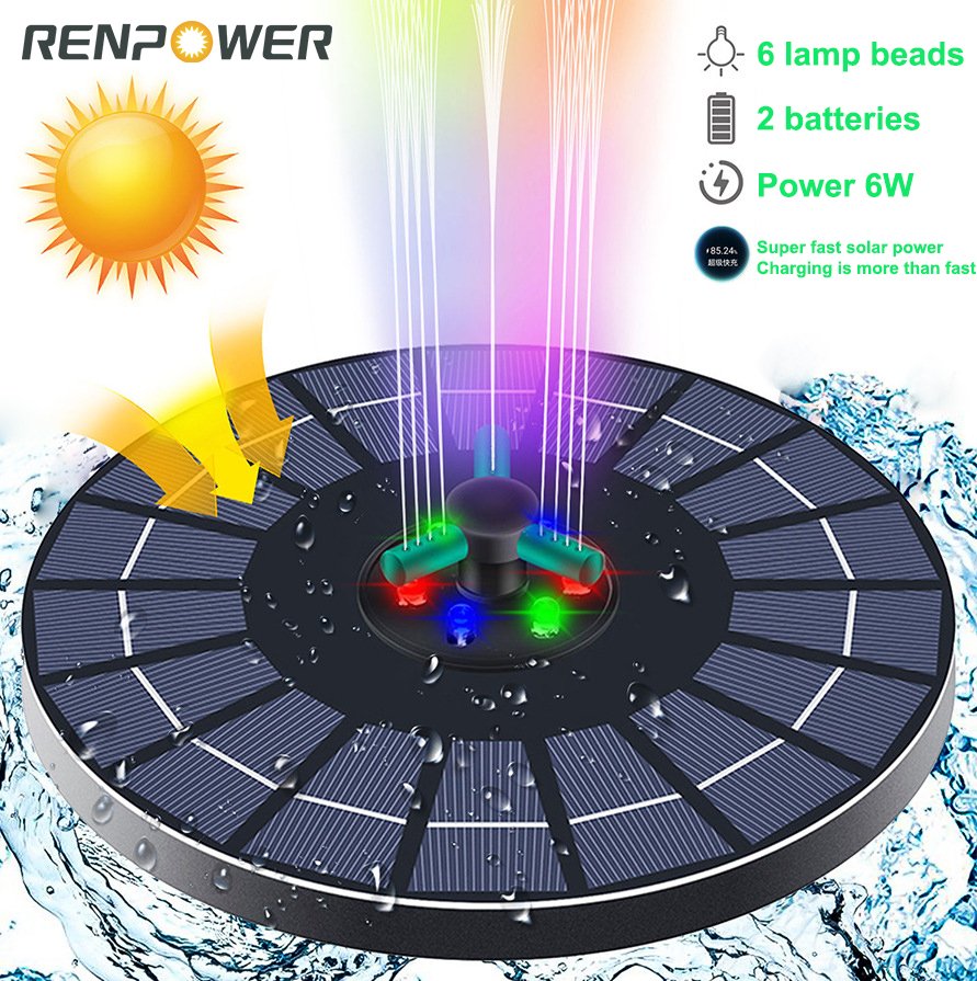 Solarbrunnen mit farbigen Lichtern 4W6W rotierende Düse kann Elektrizität für Gartenlandschaftsgestaltung schwimmender Wasserpumpenbrunnen speichern